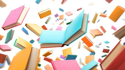 A vibrant assortment of books in various colors and sizes float in mid-air, evoking a sense of whimsy and inviting viewers to explore the world of literature and creativity