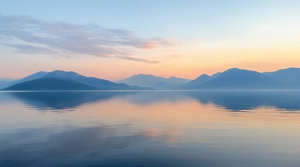 Obraz premium Clear lake reflecting distant mountains under a glowing sky
