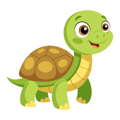 Naklejka premium This cheerful turtle character features a bright green body and a patterned shell, exuding happiness. It stands playfully in a vibrant animated environment filled with greenery