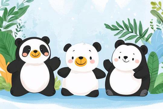 Three cute pandas with cheerful expressions surrounded by lush greenery