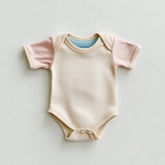 Beige baby bodysuit, pastel sleeves, white background, newborn apparel