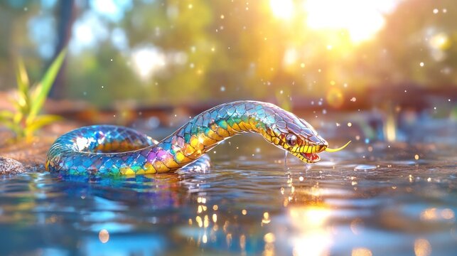 Rainbow Serpent's Creation: Australian Aboriginal Dreamtime Depicting the Birth of Land, Rivers, Trees, and People - Concept Illustration