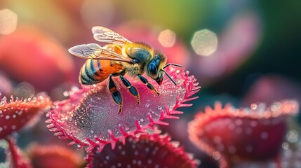Naklejka premium a honeybee perched delicately on the vibrant red and green leaves of a Venus flytrap.