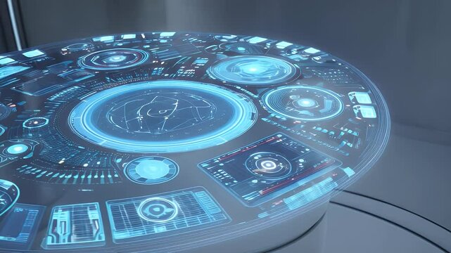 A high-tech floating holographic display interface, with futuristic touch controls, AI data screens, and interactive elements