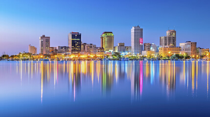 Fototapeta premium stunning city skyline at dusk, reflecting on calm water, showcasing vibrant lights and modern architecture
