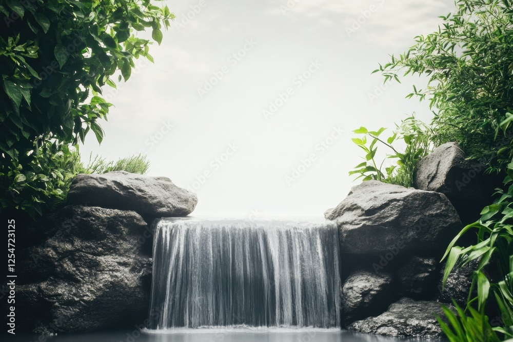 Poster serene waterfall cascading over smooth rocks surrounded by lush greenery in a tranquil natural setti