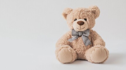 Obraz premium This delightful teddy bear features a soft texture and a stylish checkered bow, perfect for promoting warmth and comfort in children’s products or home decor