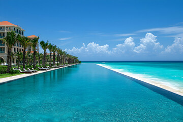 Obraz premium Infinity pool, resort, turquoise ocean, beach, sunny day; travel brochure