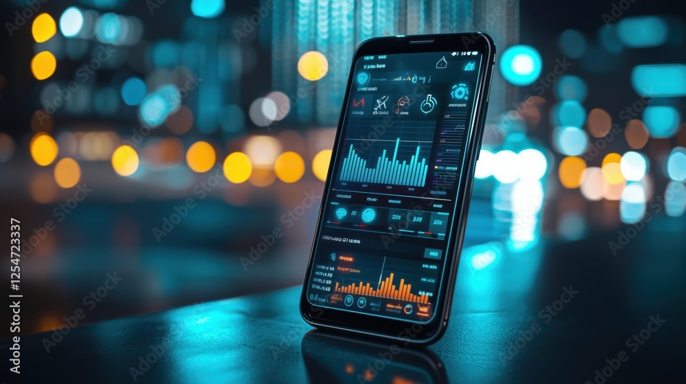 Poster modern smartphone displaying colorful data analytics and graphs in an urban night setting with vibra