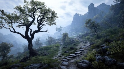 Obraz premium Misty Mountain Path With Ancient Trees