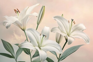 Fototapeta premium Three elegant white lilies, a symbol of purity and grace, bloom against a soft pastel background.