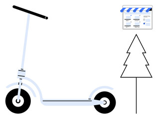 Electric scooter, online store app, and stylized tree represent sustainable urban mobility. Ideal for eco-living, green transportation, online retail, urban commuting, minimalism, tech lifestyle