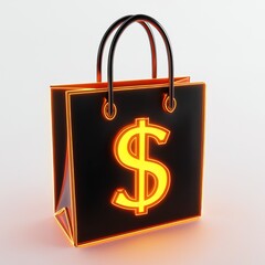 Black shopping bag with glowing dollar sign for shopping, finance, or advertising concept