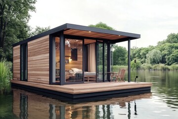 Fototapeta premium Luxury Floating Cabin on a Serene Lake