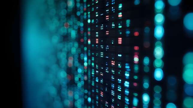 Abstract Digital Data Stream: Blue, Green, and Red Pixels on Dark Background, Modern Technology, Information Flow, Data Visualization, Futuristic Design