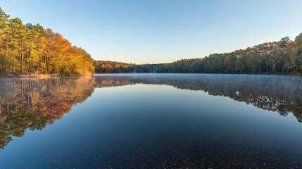 Fototapeta premium Crystal-clear lake reflecting an autumn sunrise surrounded by trees