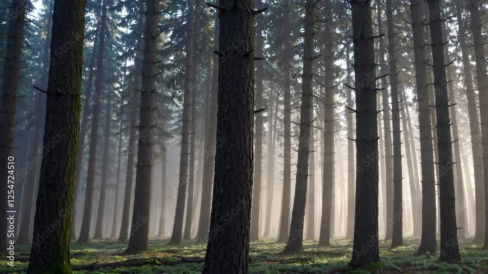 Poster misty pine forest with sunlight filtering through trees, tranquil nature and serenity concept