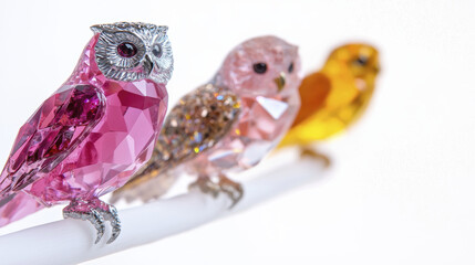 Obraz premium Colorful crystal owls in pink, gold, and brown on white background