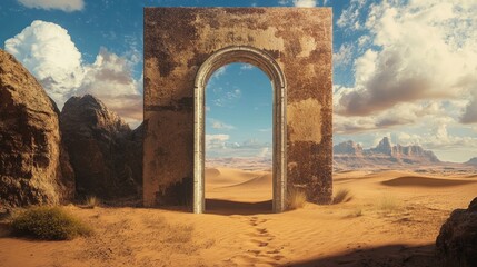 Desert landscape with an open doorway leading to an unknown horizon