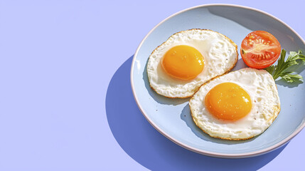 Fried eggs on plate with slice of tomato and fresh herbs, bright colors