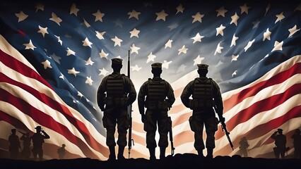 Memorial Day - American flag with soldiers' silhouettes banne, holiday banner poster background for advertisement ads