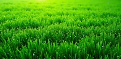 Fototapeta premium Panoramic view of artificial grass field Lush green, seamless texture , wide shot, football, synthetic grass