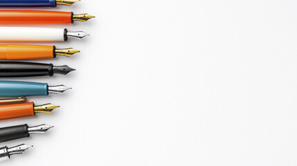 Fototapeta premium Fountain pens arranged in row on white background, showcasing various colors and designs