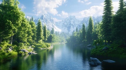 Picturesque river landscape surrounded by wild nature and lush trees