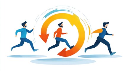 Three men running, one inside a circular arrow.