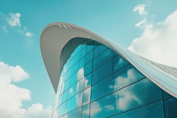 Modern curved glass building, sky reflection, clouds, urban architecture, design
