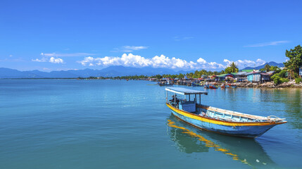 Fototapeta premium serene view of traditional boat on calm waters, surrounded by mountains and vibrant village