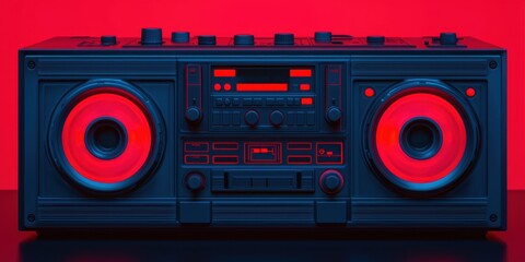 Fototapeta premium A retro-style boombox with vibrant red accents, featuring large speakers and a sleek design, set against a contrasting background.