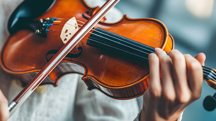 of a violin being played, with detailed focus on the strings and musician&rsquo;s hands 