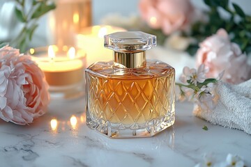Luxurious fragrance bottle with gold cap serene bathroom setting product photography elegant ambiance close-up view high-quality aesthetics