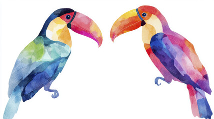 Fototapeta premium Colorful toucans in vibrant watercolor style, showcasing their unique beaks and feathers. lively representation of nature beauty