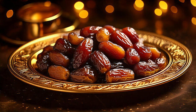A luxurious golden-rimmed plate with a perfectly arranged selection of Medjool dates