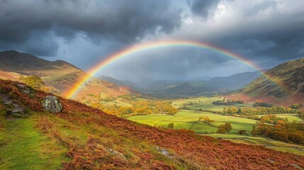 Rainbow arching over open countryside under dramatic skies
