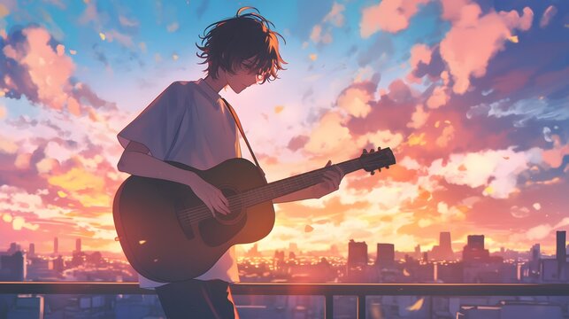A young man with black hair, wearing casual and holding an acoustic guitar, stands on a rooftop terrace at sunset, Generative AI