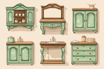Fototapeta premium Vintage green kitchen furniture set with wooden accents