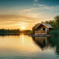 Fototapeta premium Sunset Lake Cabin Retreat