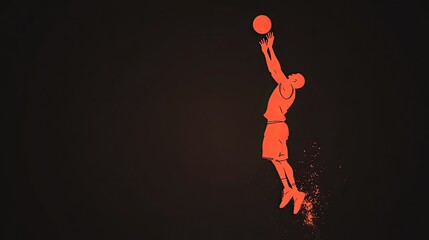 Dynamic silhouette of a basketball player jumping to shoot against a dark background with sparks