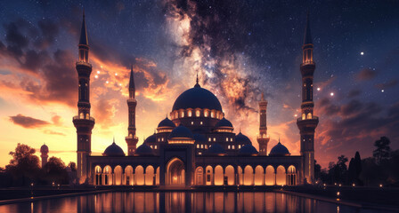Obraz premium Grand mosque illuminated at night under a breathtaking starry sky and reflecting in a calm body of water.