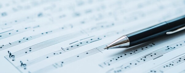 A close-up of a pen resting on sheet music, illustrating the intersection of composition and creativity in music writing.