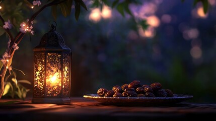 A peaceful Ramadan scene with a glowing lantern illuminating a plate of dates