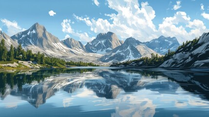 Naklejka premium Reflective lake surrounded by rugged peaks in a pristine setting.
