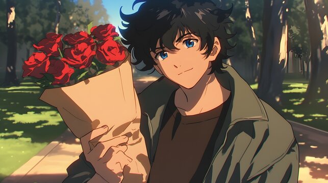 A handsome anime-style character with black hair and blue eyes, wearing an oversized jacket over a dark t-shirt, holding red roses in a paper bag against a park background, Generative AI