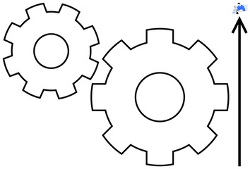 Two large mechanical gears with an upward arrow pointing right and a businessman climbing a ladder. Ideal for teamwork, progress, business growth, engineering, strategy, achievement, productivity