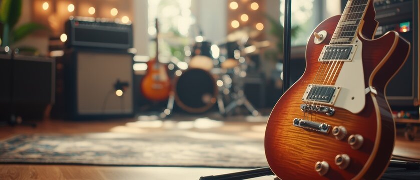 A close-up of a stunning electric guitar in a cozy studio setting, with musical instruments and warm lighting in the background. - Powered by Adobe