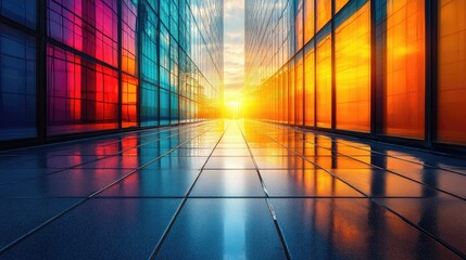 Vibrant sunset reflecting on modern glass buildings in a cityscape with colorful hues