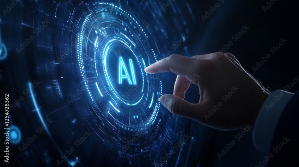 Poster a hand reaching towards a digital interface displaying 